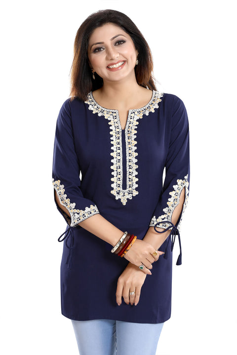 Graceful Navy Blue Alluring Indian Designer Kurti Tunic With Lace Detailing