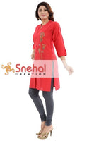 Ravishing Red Raw Silk Front Open Short Tunic With Multi-hued Embroidery