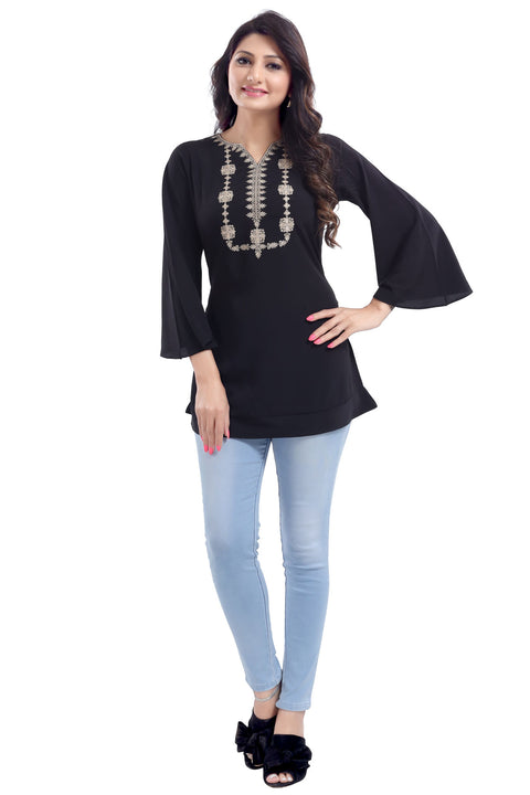 BEAUTIFUL BLACK CREPE FABRIC WOMEN TUNIC TOP WITH EMBROIDERY WORK