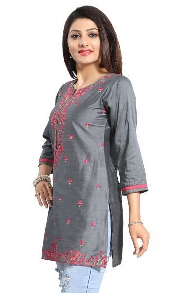 Elegant Gray Short And Straight Raw Silk Tunic With Pink Machine Work Embroidery