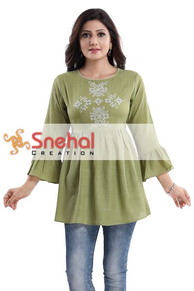 Adorable Green Wrinkle Fabric Peplum Tunic Top With BUTA EMBROIDERY
