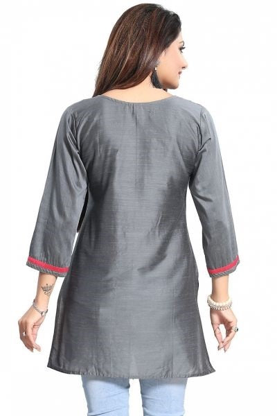 Elegant Gray Short And Straight Raw Silk Tunic With Pink Machine Work Embroidery
