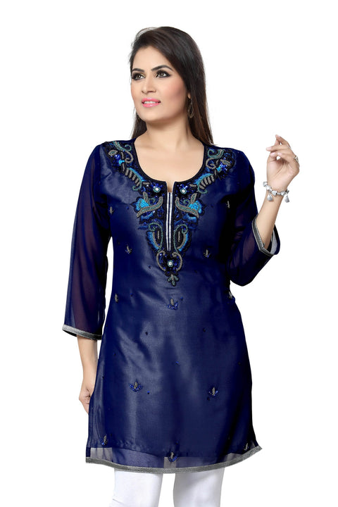 Navy Blue Georgette Short Tunic with Embroidery
