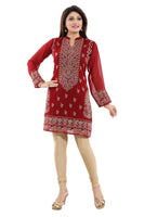 Graceful Maroon Short Fine Georgette Tunic With Intricate Embroidery For Enthic Lovers