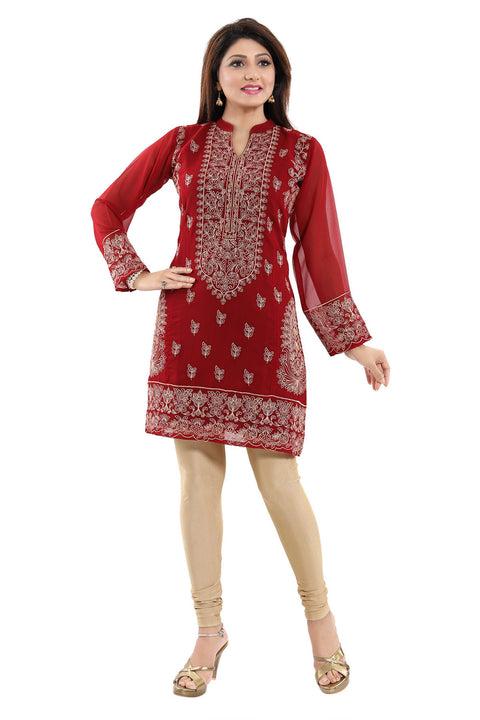 Graceful Maroon Short Fine Georgette Tunic With Intricate Embroidery For Enthic Lovers