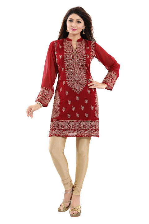 Graceful Maroon Short Fine Georgette Tunic With Intricate Embroidery For Enthic Lovers