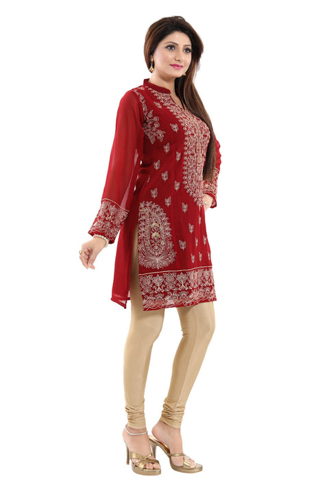 Graceful Maroon Short Fine Georgette Tunic With Intricate Embroidery For Enthic Lovers