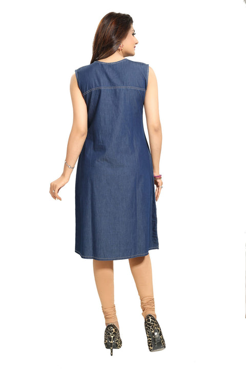 Decent Dark Blue Denim Fabric Sleeveless Tunic For Women