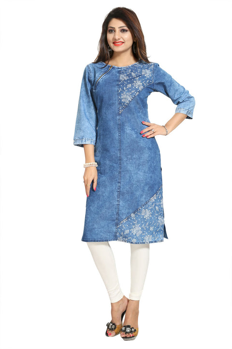 Mesmerising Mid Length Denim Tunic With Zip Pattern And White Print