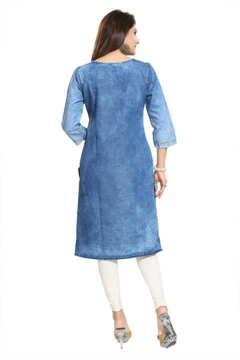 Mesmerising Mid Length Denim Tunic With Zip Pattern And White Print