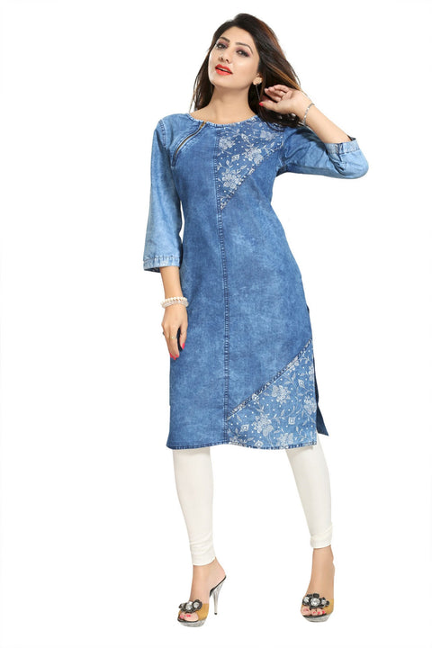 Mesmerising Mid Length Denim Tunic With Zip Pattern And White Print