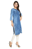 Mesmerising Mid Length Denim Tunic With Zip Pattern And White Print