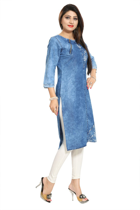 Mesmerising Mid Length Denim Tunic With Zip Pattern And White Print