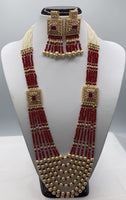 Red and white beaded long necklace set with earrings