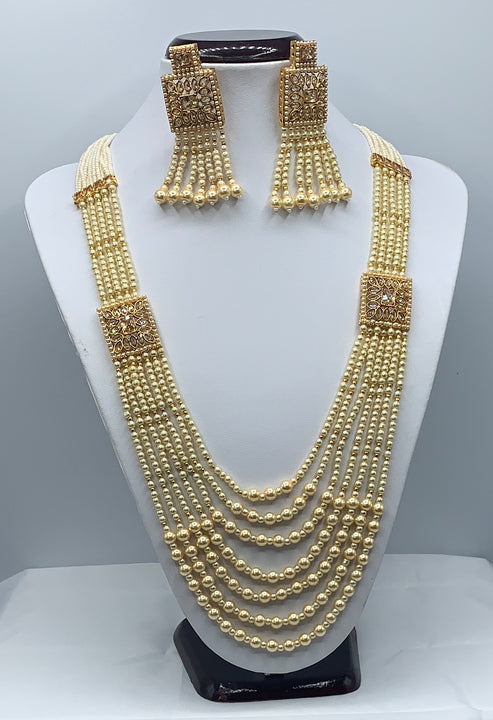 Cream beaded long necklace set with earrings