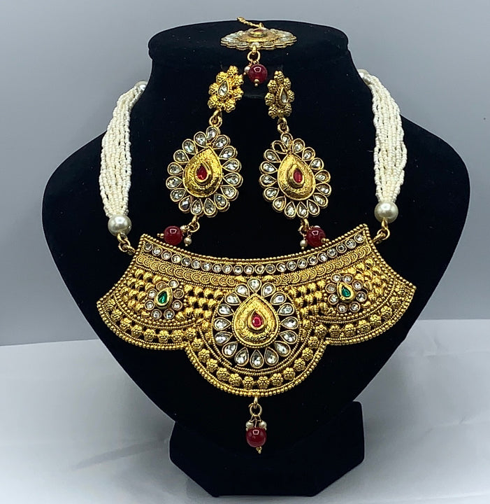 3pc Choker style gold plated pendant with moti work string set and earrings and maang-tika