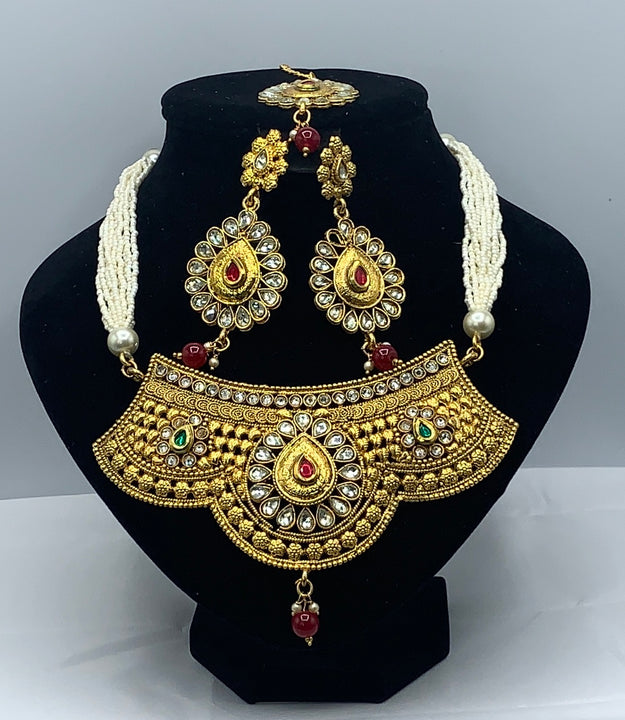 3pc Choker style gold plated pendant with moti work string set and earrings and maang-tika