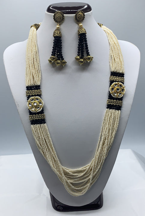 Black and cream long necklace moti sets mixed with crystal beads with earrings