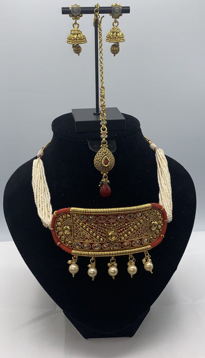 3 pc oxidized gold plated choker set adorned with moti work