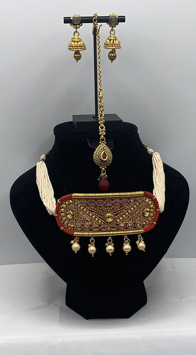 3 pc oxidized gold plated choker set adorned with moti work