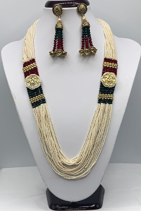 Multi color long moti necklace set mixed with crystal beads and earrings
