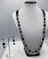Long black crystal beaded necklace set with gold plated metal oxidized pcs and earrings