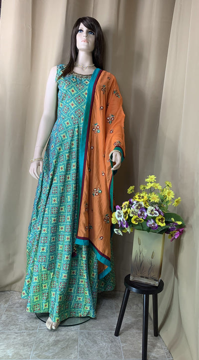 Designer Silk Patola print gown with dupatta