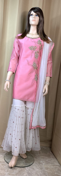 Pink and Off White Net Ghagra Set