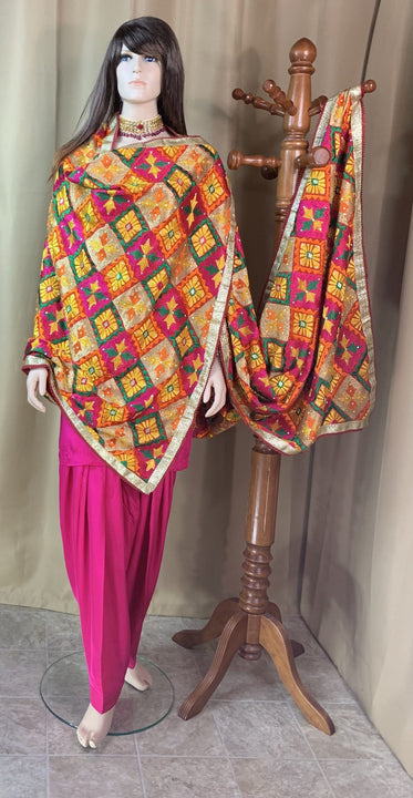 Multi Colour Heavy Phulkari Duppatta with Golden Lace
