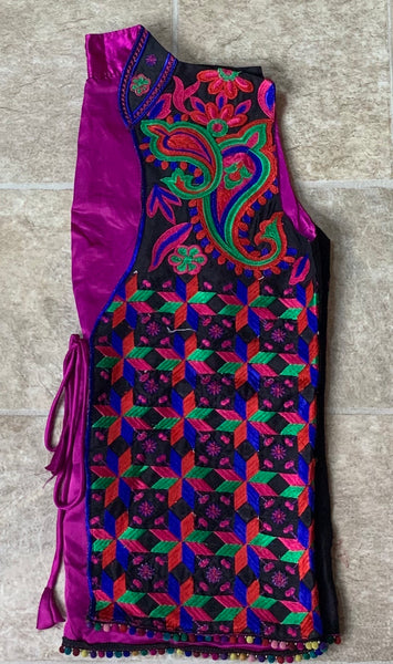 Phulkari Jacket - Black with multi royal blue, red, pink, and green Embroidery work