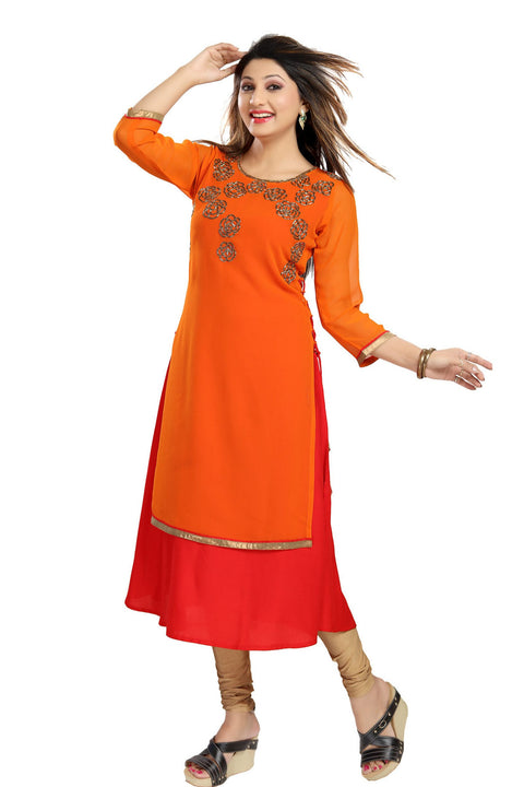 Fiery Red And Orange 2Pc Kurti with Exquisite embroidery work around neckline