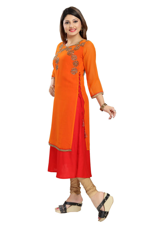 Fiery Red And Orange 2Pc Kurti with Exquisite embroidery work around neckline