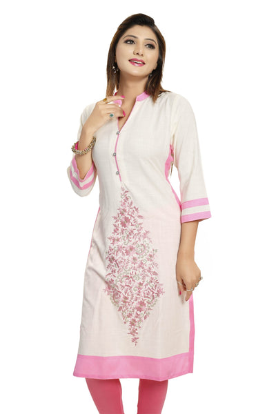 Off White Rayon Designer Kurti Tunic with Pink Embroidery