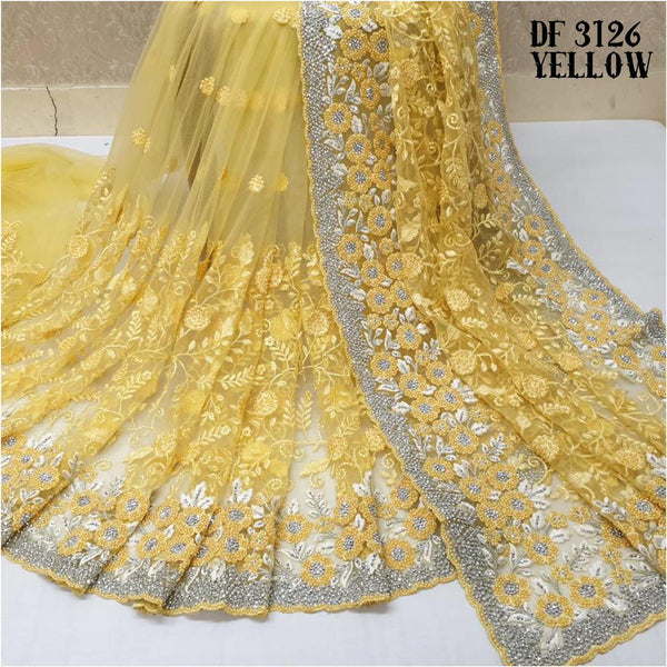 Lime Yellow Net Embroidered Saree
