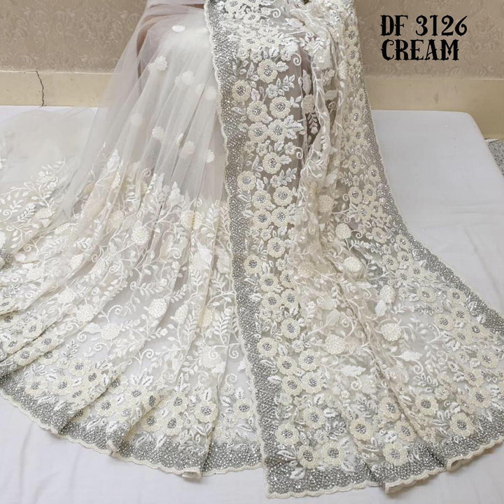 Pearl White Net Embroidered Saree
