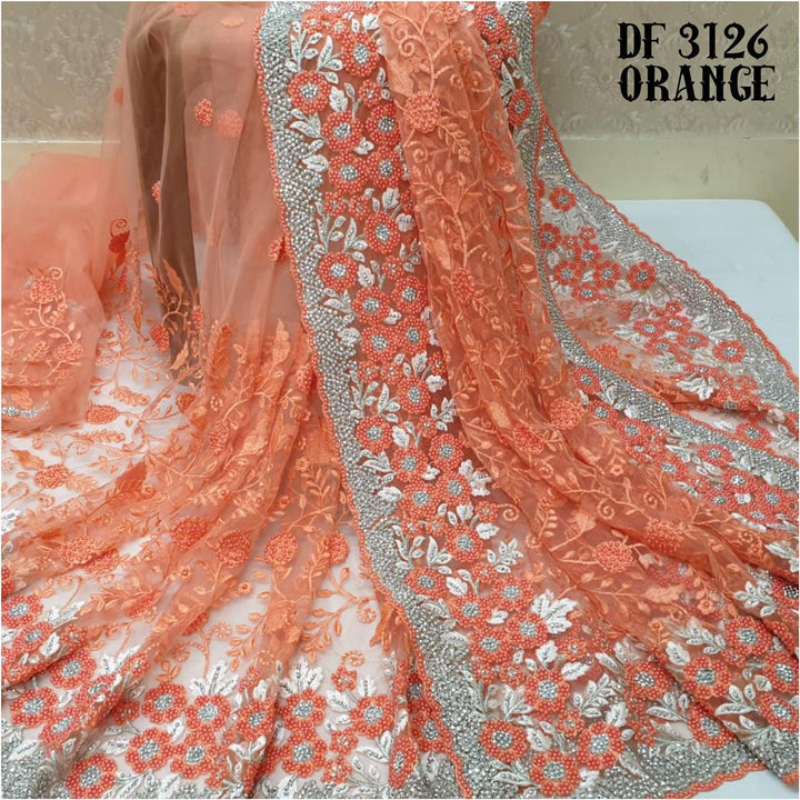 Orange Net Embroidered Saree