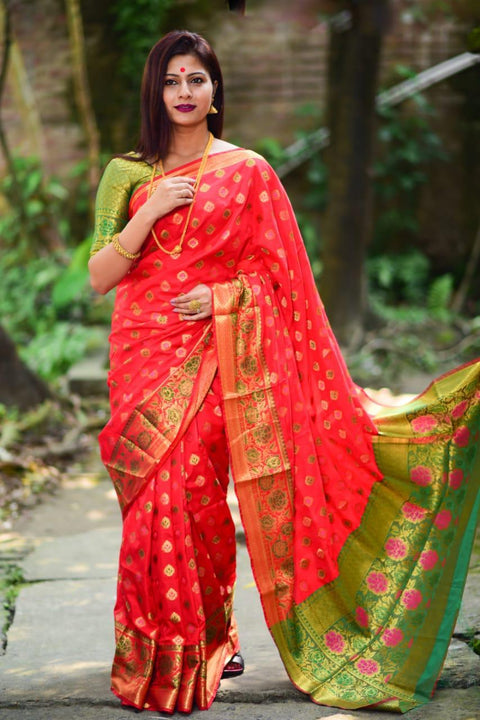 Red soft banarasi silk weaving minakari saree