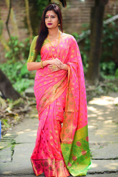 Pink soft banarasi silk weaving minakari saree