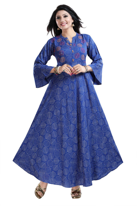Blue Rayon Cotton Heavily Flared Printed Kurti With Flared Sleeves