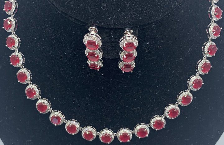 Silver Plated Set Of High Quality Zirconia Diamonds With Red Stones And Matching Earrings