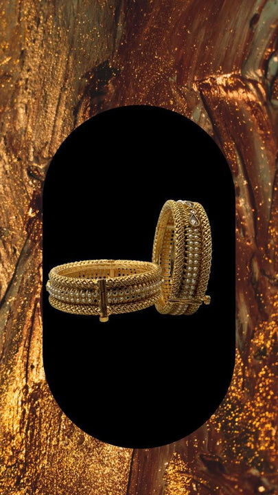 Gold plated screw lock bangle set adorned with moti and topaz colour stones