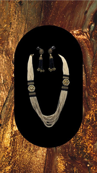 Black and cream long necklace moti sets mixed with crystal beads with earrings