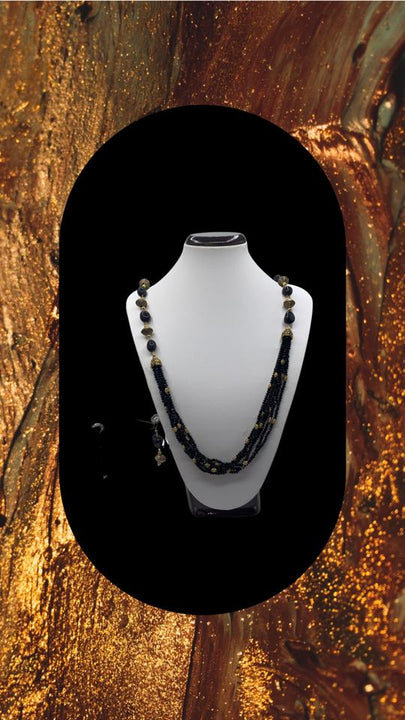 Long black crystal beaded necklace set with gold plated metal oxidized pcs and earrings