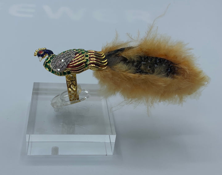 Peacock Multicoloured gold plated adjustable ring adorned with high quality Zirconia diamonds with beige colour feathers