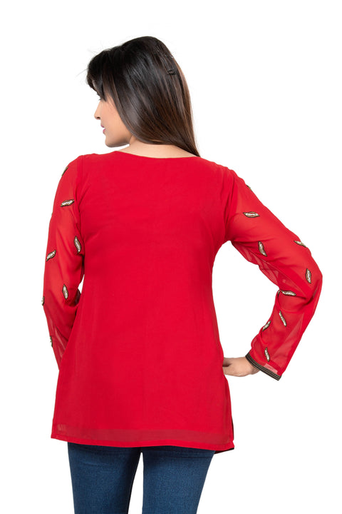 Remarkable Red Exclusively Party Wear Georgette Tunic Top
