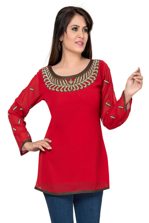 Remarkable Red Exclusively Party Wear Georgette Tunic Top