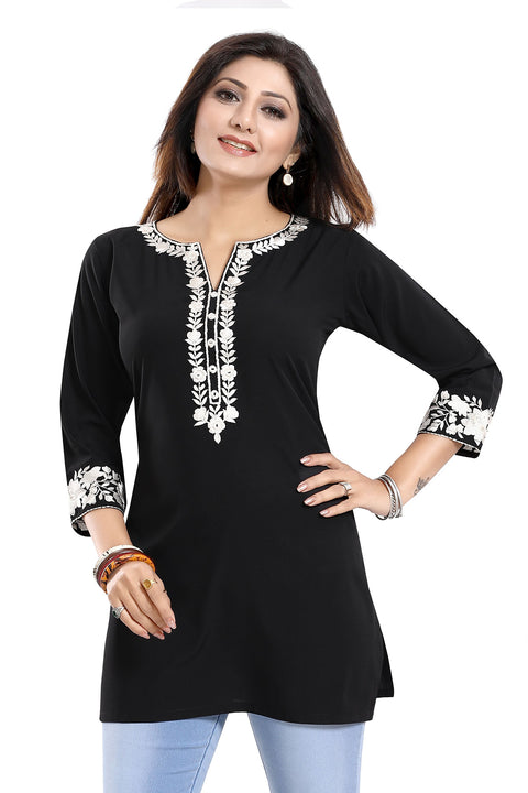 Enticing Black Embroidered Women Short Tunic Design